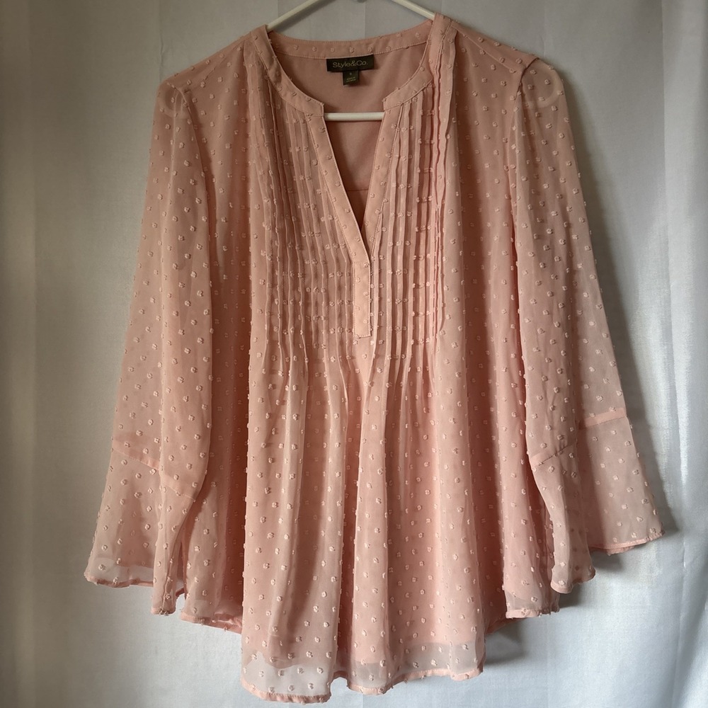 Style & Co‎ Pintuck Blouse Pink Textured V-Neck Ruffle Bell Sleeve Women Sz S
